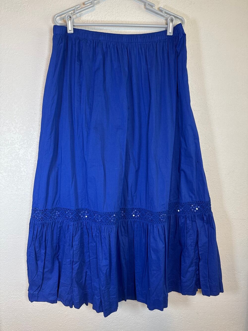 Vintage Cobalt Tiered Maxi Skirt Blue 100% Cotton Womens Large Sequins Bright